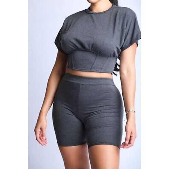 Pants - Women's Short Sleeves Corseted Top And Matching Biker Shorts 2 Piece Outfit Set